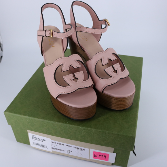 Gucci 37.5 Interlocking GG 110mm Logo Nude Pink Sandals Heels E798 - Picture 2 of 15